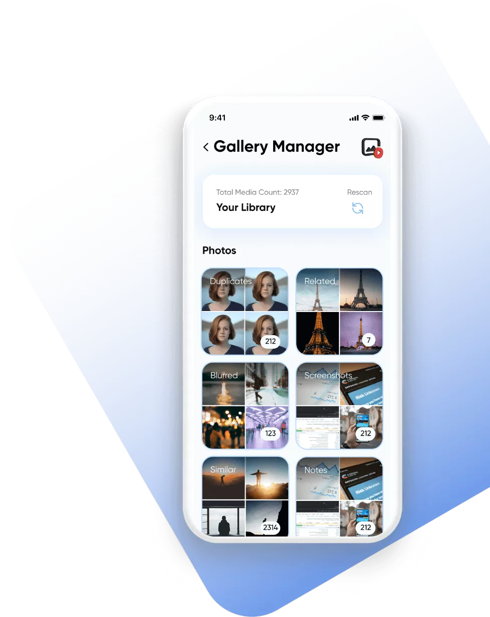 Gallery manager showing organized photo albums in a data management app